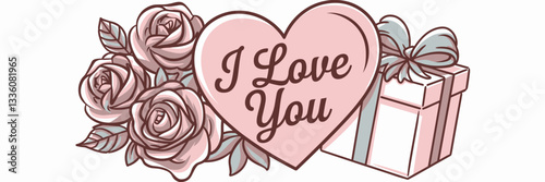 Vector illustration of a heart with "I Love You" text, bouquet of roses, and gift box in soft pastel colors