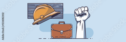 Construction helmet, briefcase, and raised fist on a wooden background – Suitable for labor unions, workplace activism, or construction-themed branding.