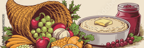 Vector illustration of Thanksgiving cornucopia with fruits, vegetables, mashed potatoes, and cranberry sauce – Suitable for holiday advertising, seasonal graphics, or home decor prints.