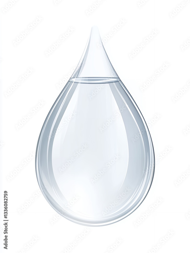 A clear teardrop shape of liquid with a white background in a simple clean style art A clear teardrop shape of liquid with a white background in a simple clean style art