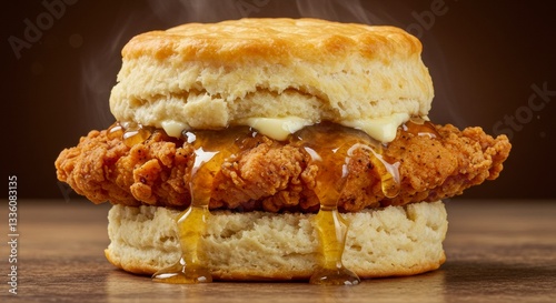 Delicious Crispy Fried Chicken Biscuit Sandwich with Honey Drizzle