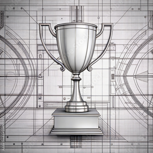 Silver trophy on blueprint background