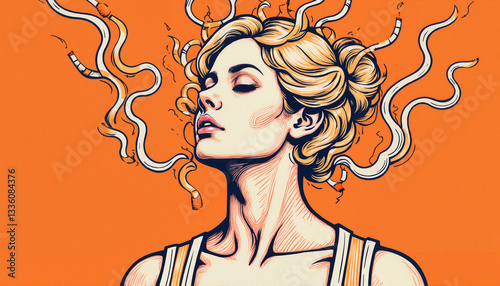 Woman with Serpentine Hair Expressing Strength Against Orange Background  