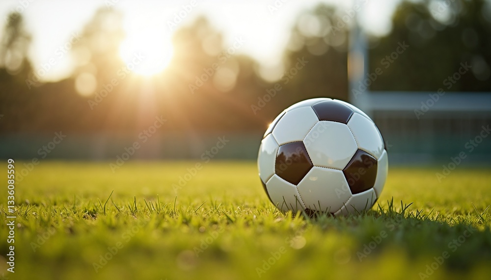 Fototapeta premium Soccer ball on grass with golden light representing sport