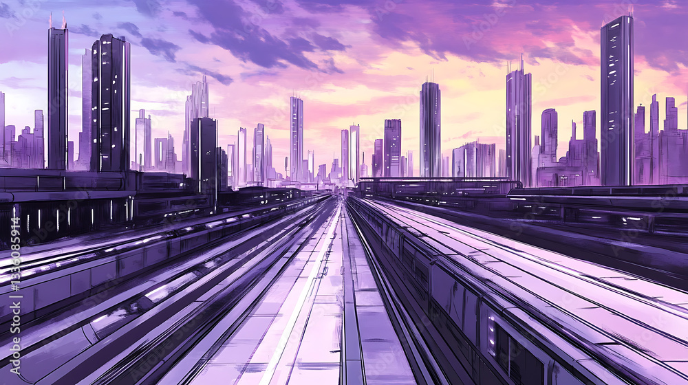 Fototapeta premium A futuristic cityscape with towering skyscrapers and vibrant purple skies, showcasing a railway track leading into the urban horizon