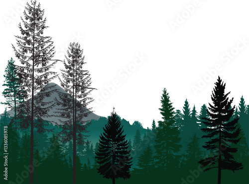 dark and light green trees on hills isolated on white forest