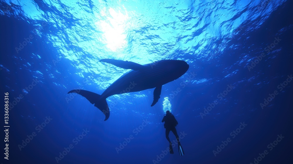 Obraz premium Giant whale swimming deep sea gigapixel image underwater below the surface mysterious ocean scene