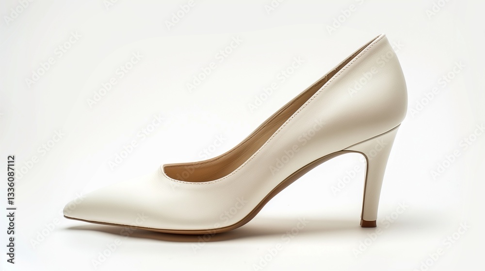 A pair of elegant kitten heels with a pointed toe and low, slim heels on a white background. A pair of elegant kitten heels with a pointed toe and low, slim heels on a white background.
