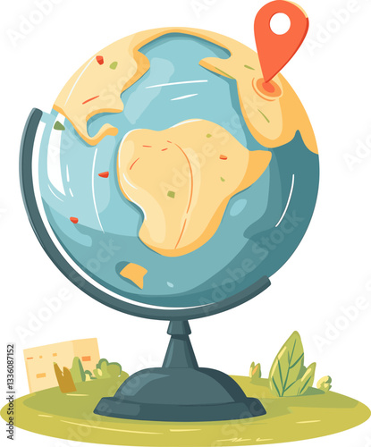Colorful globe depicting Africa and the Middle East with a location marker cartoon isolated on transparent background. Vector illustration.