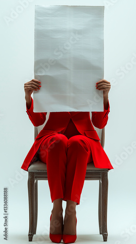 young woman in red suit sitting cross-legged on chair, holding and reading - very big white blank newspaper in front of her face, on white background, photography style
