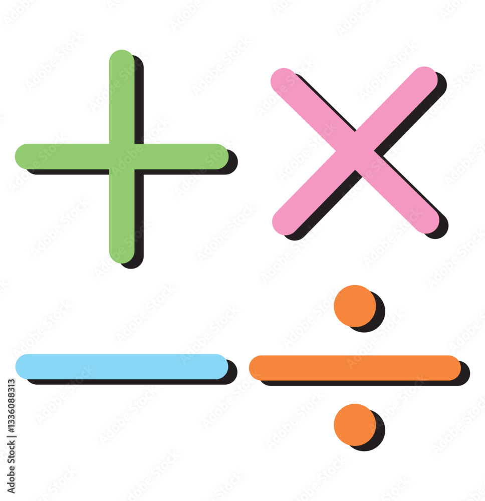 Obraz premium Plus, minus, multiply, equal and divide sign icon set. Math sign vector illustration. 