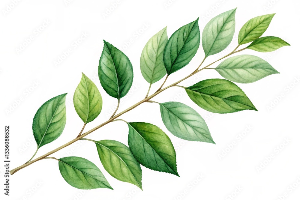 Fototapeta premium Realistic Botanical Illustration of Green Leaves on a Branch