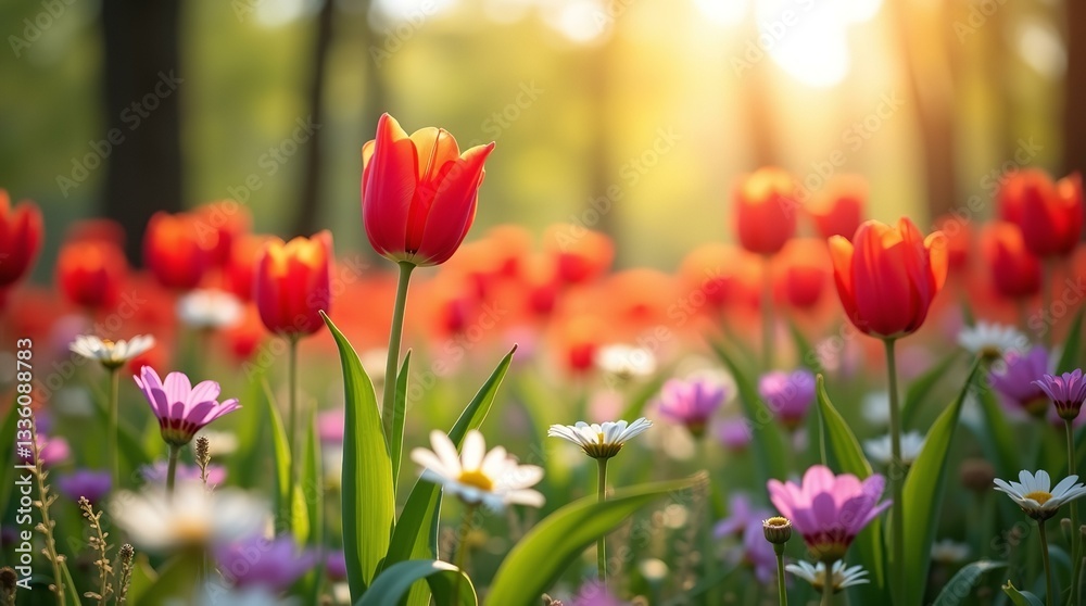 Fototapeta premium Red Tulip Garden Photography for Spring Wallpaper, Greeting Card, Website Banner, Nature Blog, Floral Poster