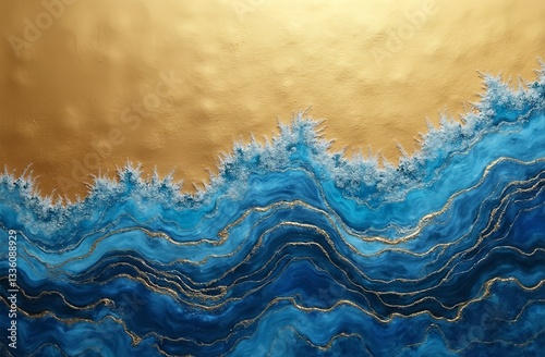 Golden Shoreline and Ocean Waves: Captivating artwork presents an abstract perspective of a sun-kissed shore, where the golden sand gracefully meets the majestic, swirling blue ocean waves.