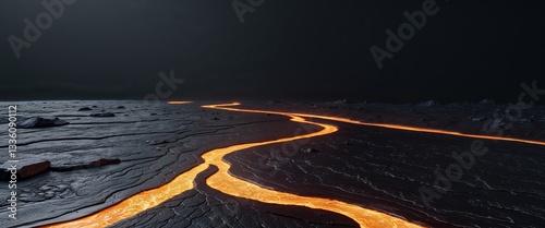 Glowing channels of molten lava flow across dark rocky ground. photo