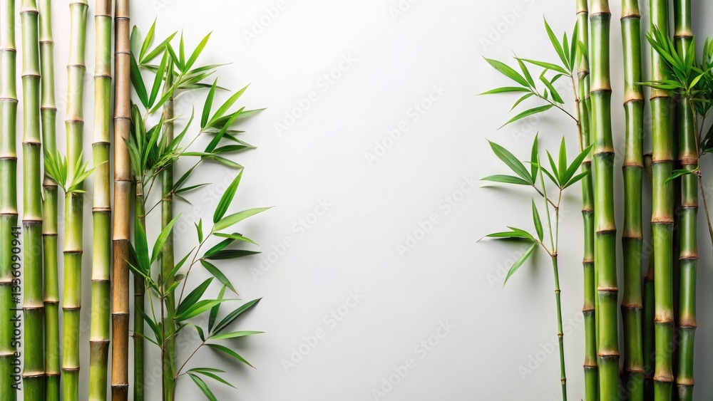 Fototapeta premium Panoramic Above-Shot of Bamboo Trees on White Background with Clean Aesthetic for Design Elements and Copy Space