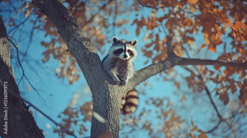 Raccoon perched on autumn tree branch, sunny day