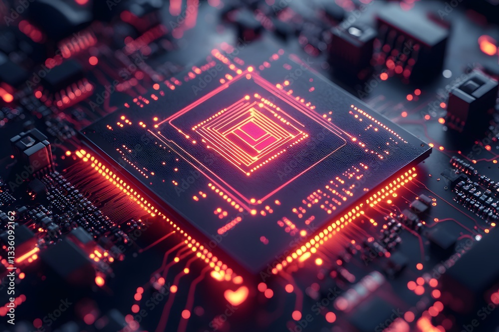 Futuristic Electronic Circuit Board with Glowing Red Microchip for Technology Design Futuristic Electronic Circuit Board with Glowing Red Microchip for Technology Design