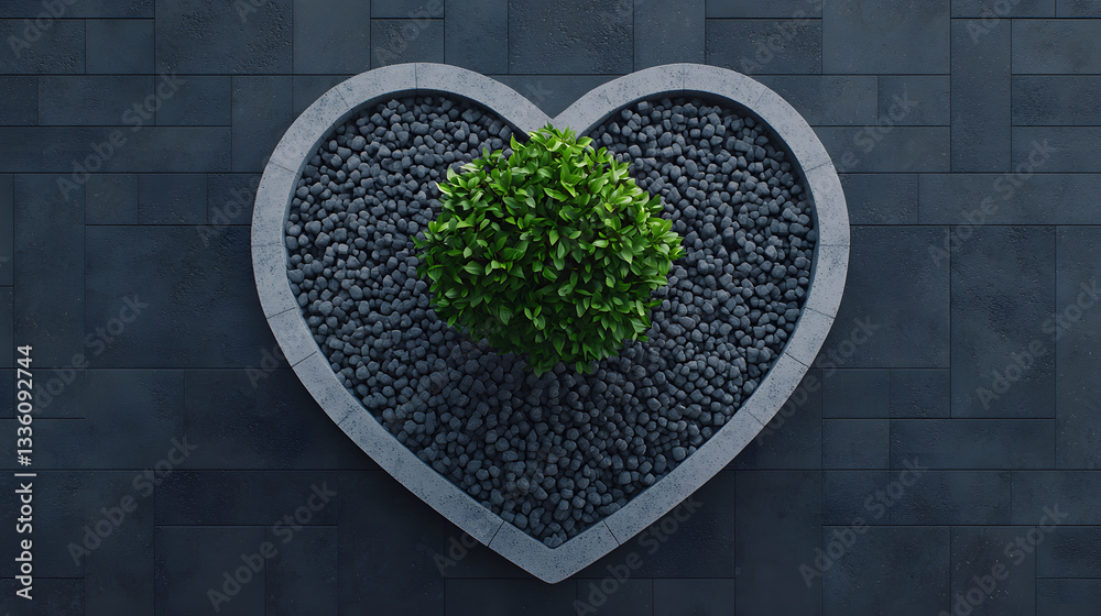 Fototapeta premium Heart-Shaped Planter with Green Plant and Pebbles on Dark Slate Background for Modern Garden Decor
