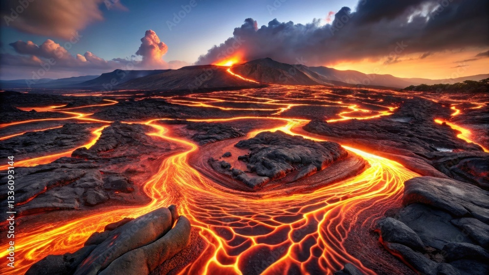 Fototapeta premium Serene Sunset Over a Volcanic Landscape with Molten Lava Flowing Across Darkened Earth