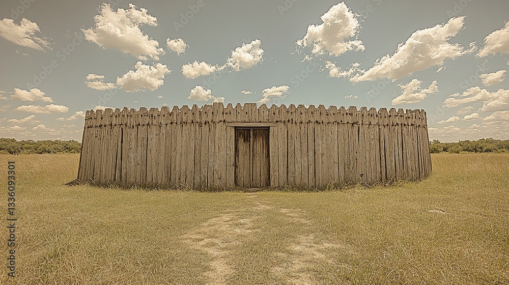 Fototapeta premium Circular wooden fort in grassy field under a cloudy sky.