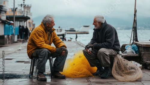 Fishermen sharing stories seaside dock gigapixel high fidelity quiet morning candid interaction