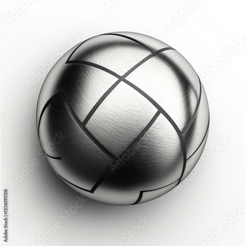 Metallic sphere divided by dark lines, creating geometric pattern. Textured metal surface reflects light, highlighting structural design.