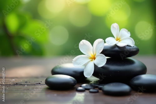 White blossoms, smooth stones, essential oils, spa setting, health, fresh