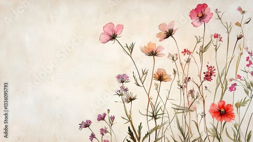 Delicate Watercolor Wildflowers on a Textured, Off-White Paper Background with Ample Copy Space