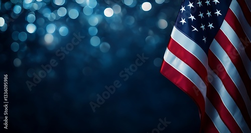 Three American flags flying in the air with fireworks going off behind them. The background is a dark blue