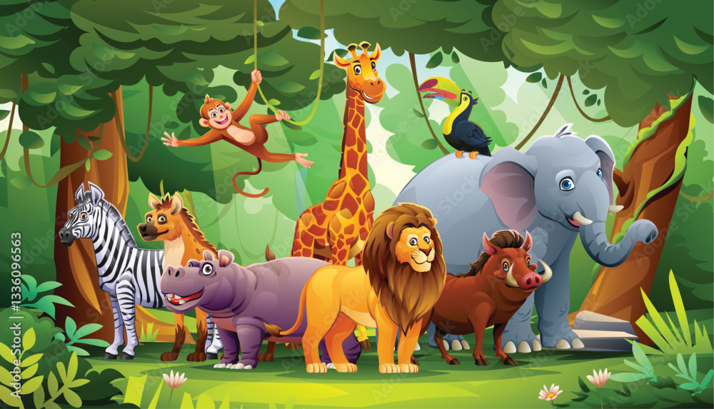 Obraz premium Playful jungle scene with various animals including giraffe, monkey, zebra, and lion. Vector cartoon illustration