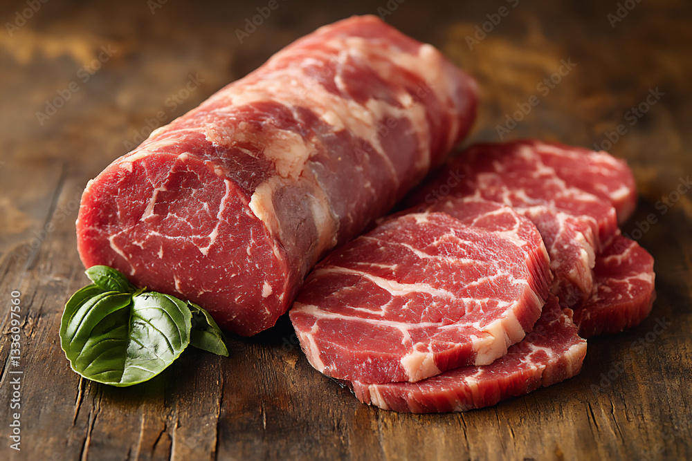 a photograph of fresh, raw beef on a wooden table, a photograph of fresh, raw beef on a wooden table,