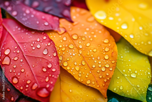 Close-up of colorful leaves with water droplets, macro photography, autumn colors, nature background