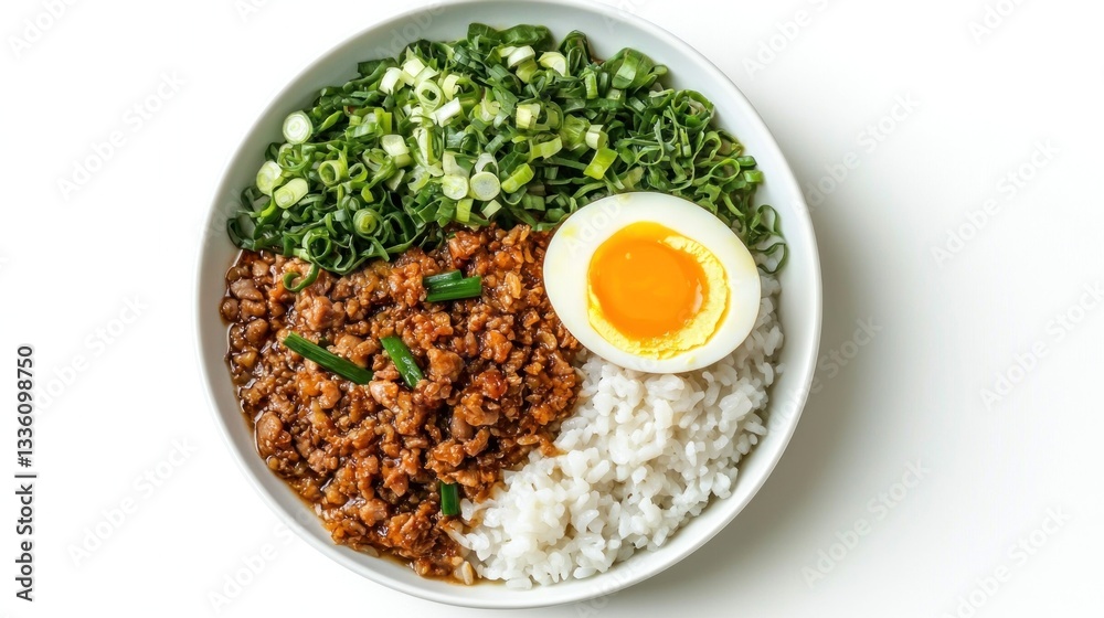 Flat lay of a Thai breakfast featuring jok (rice porridge) topped with minced beef, ginger, scallions, and a soft-boiled egg Flat lay of a Thai breakfast featuring jok (rice porridge) topped with minced beef, ginger, scallions, and a soft-boiled egg