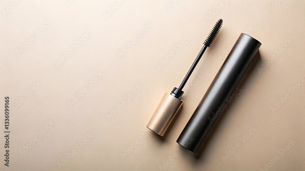 Naklejka premium Silhouette Mascara Tube Photography: High-Angle Flat Lay Product Shot, Natural Organic Cosmetic