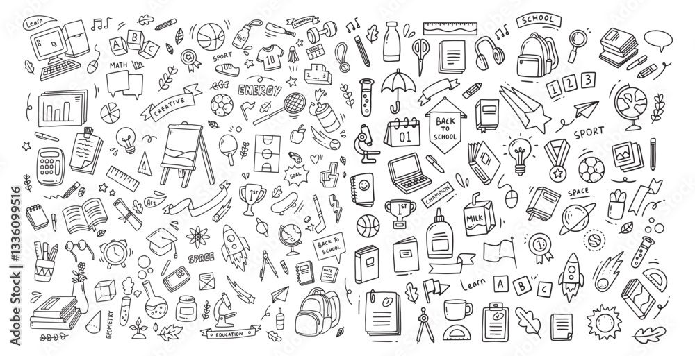 Hand drawn of school elements. Doodle of back to school sketch