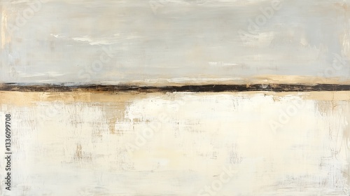Earth-toned horizontal band, layered texture, visible brushstrokes, subtle shimmer, depth through color/light, tranquil minimalist aesthetic, diffuse soft lighting