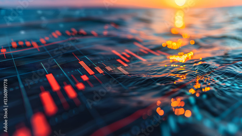 Turbulent Waters of Market: An evocative image of a stock chart superimposed on a dynamic ocean scene, with the sun setting casting a golden light.