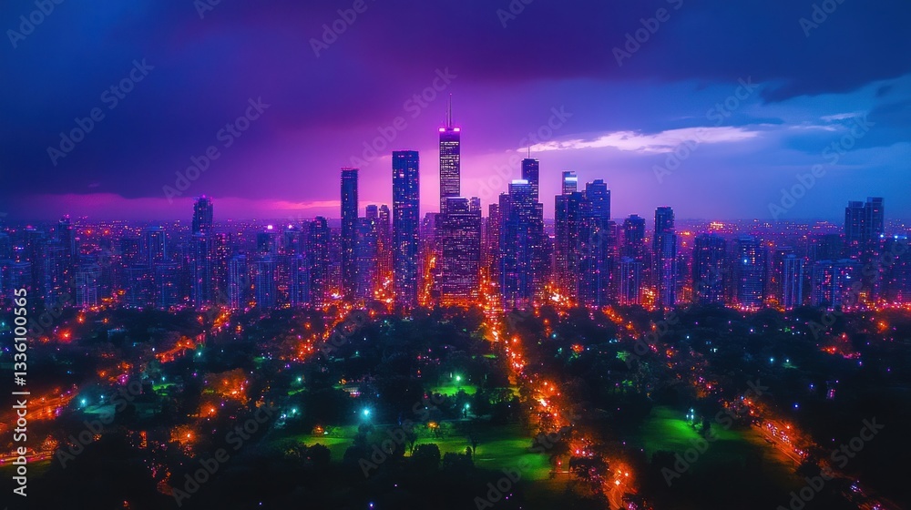 Obraz premium Night Cityscape: Vibrant Skyline at Dusk