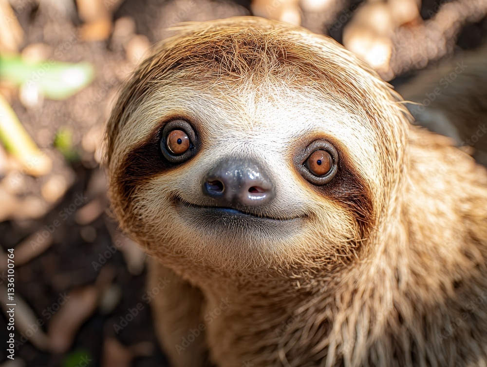 Fototapeta premium Enchanting Sloth Portrait: A Glimpse into the Gentle World of Wildlife, Captivating Eyes and Furry Charm in the Heart of Nature's Embrace