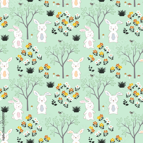 Seamless repeat pattern with easter bunny and beautiful flowers on springtime for fabric,textile,apparel,kid product,wallpaper and all print