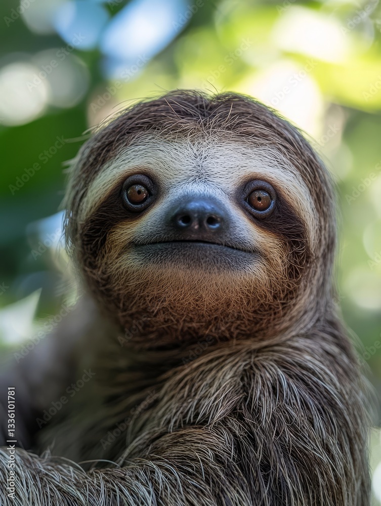 Fototapeta premium Enthralling Sloth Portrait: A Glimpse into Wildlife's Gentle Soul, Showcasing its Furry Face, Calm Eyes, and Slow Life Amidst Tropical Nature's Embrace