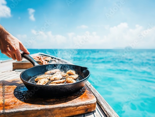 person is cooking fish in cast iron skillet on wooden boat deck with stunning ocean view. clear blue sky and turquoise water create serene and picturesque setting