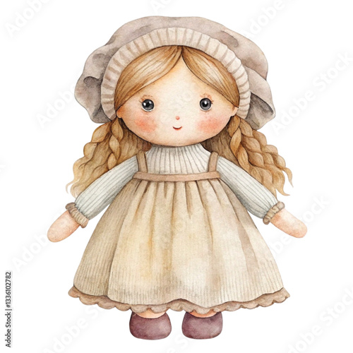 Cute girl Whimsical Boho Doll Clipart Watercolor , White background	