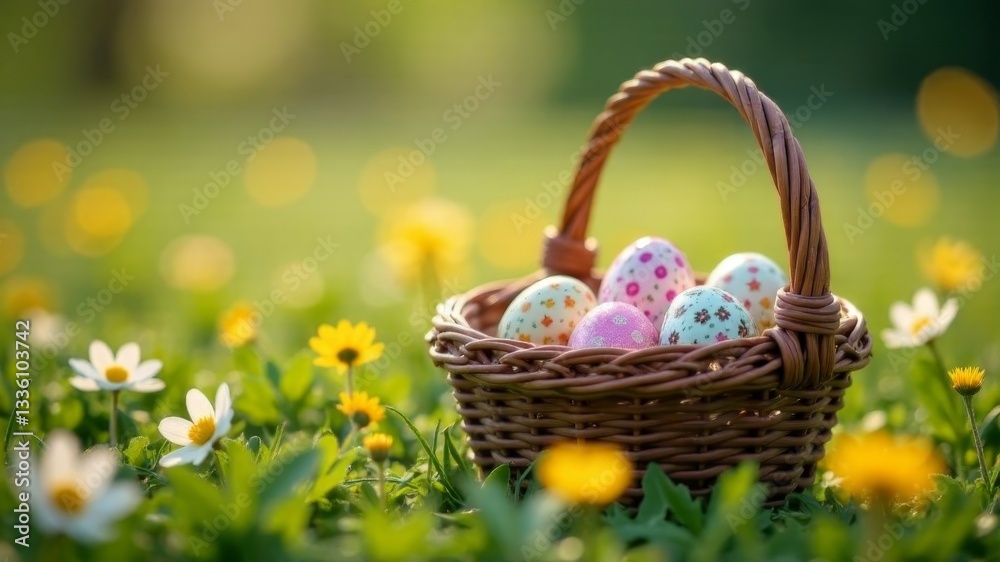 basket of easter eggs in a field basket of easter eggs in a field