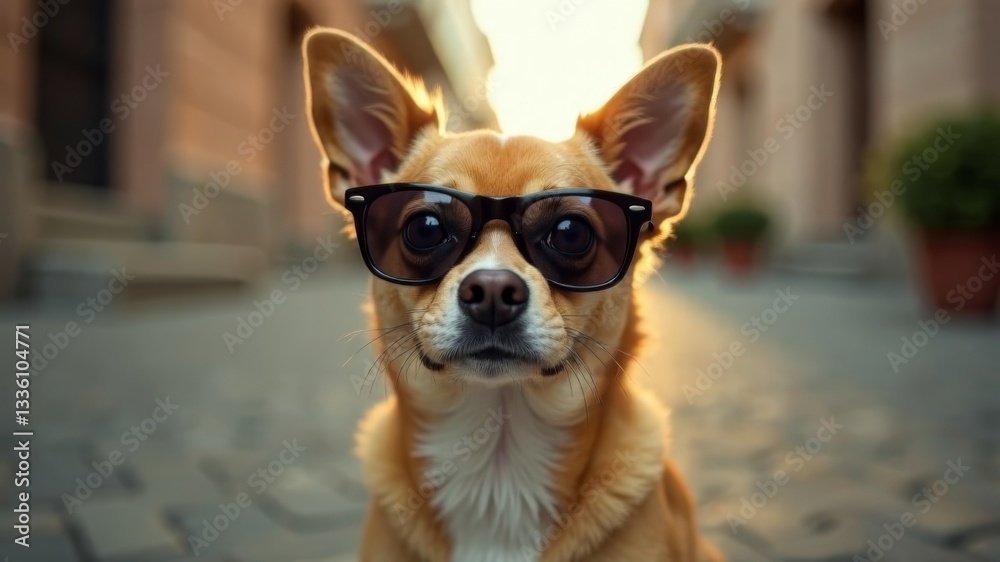 Chihuahua with glasses looking at the camera while outside Chihuahua with glasses looking at the camera while outside