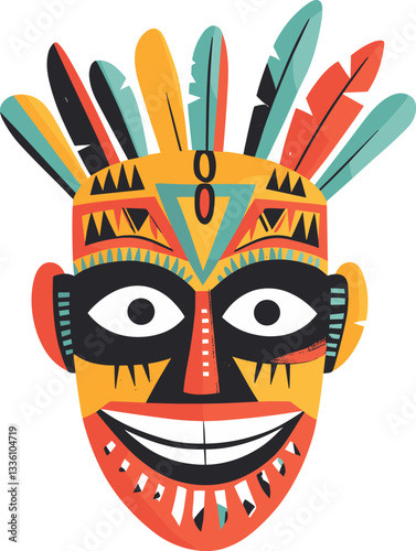 Colorful tribal mask with vibrant feathers displayed in artistic design for cultural celebration cartoon isolated on transparent background. Vector illustration.