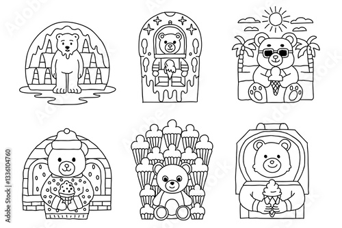 A Bear in Summer and Ice Cream. Line art bear illustrations in summer settings, featuring ice cream and fun activities