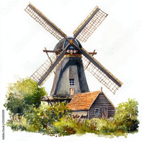 Painted windmill and house show rustic charm in detailed illustration