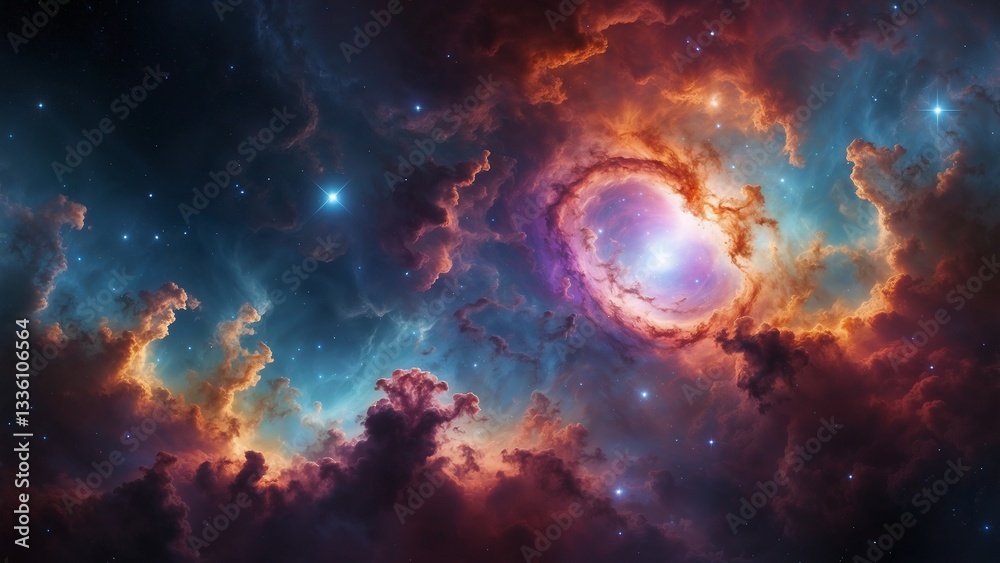 Fototapeta premium Colorful Cosmic Nebula with Glowing Light and Starry Sky, Deep Space Art